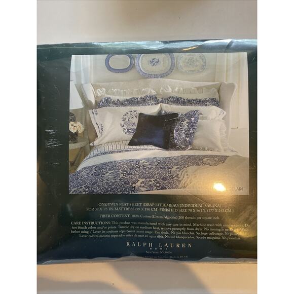 Lauren Ralph Lauren Porcelain Blue/White Twin Flat Sheet, NWT Vintage - Picture 3 of 5
